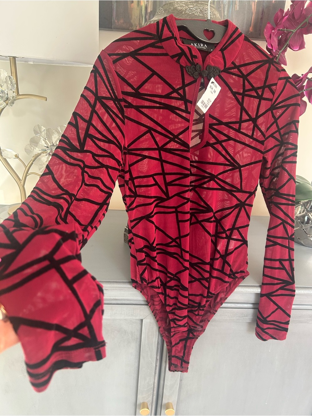 AKIRA Lg Cinnamon Red Mesh Bodysuit w/ Black Geometric Velvet Design New w/Tag
